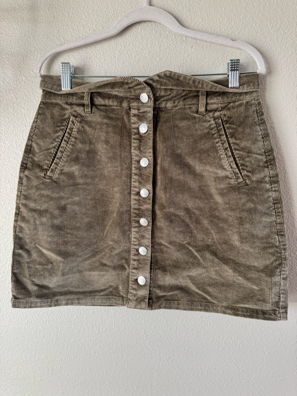 Pilcro Corduroy Button-Front Mini Skirt in Olive Brown